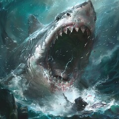 Marine legend Combine a great white shark with a kraken creating a formidable sea creature of unimaginable power - obrazy, fototapety, plakaty