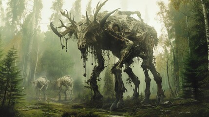 Mythical creatures thriving in a post nuclear forest - obrazy, fototapety, plakaty