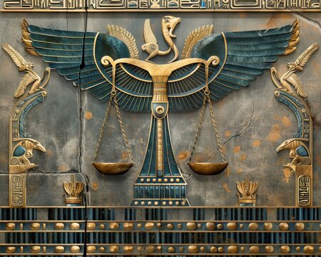 Maat in a hall of judgment heart and feather scale perfectly balanced