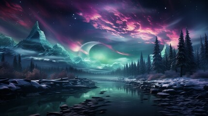 Northern lights (Aurora Borealis) over an icy landscape, vibrant green and purple hues, capturing the ethereal beauty of polar skies, Photorealistic, - obrazy, fototapety, plakaty