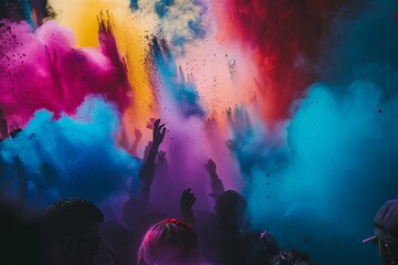 Crowd throwing bright coloured powder paint in the air, Holi Festival Dahan. People dancing, playing with Colors, Indian city skyline and celebrating Holi festival.