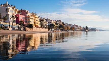 Obraz premium Panoramic view of a vibrant beach town at sunrise, colorful buildings along the shoreline, calm sea reflecting the morning hues, Photography, panorami