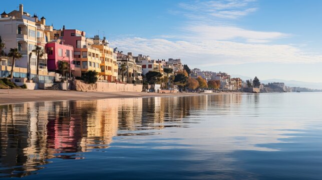 Panoramic view of a vibrant beach town at sunrise, colorful buildings along the shoreline, calm sea reflecting the morning hues, Photography, panorami