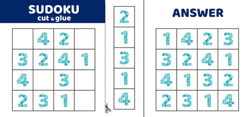 Sudoku with four floral numbers 1, 2, 3, 4. Game puzzle for kids. Cut and glue. Doodle