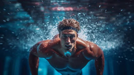 Foto op Plexiglas Close-up of a handsome athletic male swimmer swimming in the pool, training and preparing for competitions, relaxing and doing hobbies, relaxing on weekends. Healthy lifestyle, Sports concepts. © liliyabatyrova