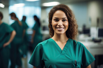 Fototapeta premium Healthcare provider, doctor or nurse wearing blue scrubs