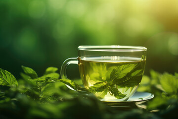 Fresh green tea with tea leaves in the water - obrazy, fototapety, plakaty