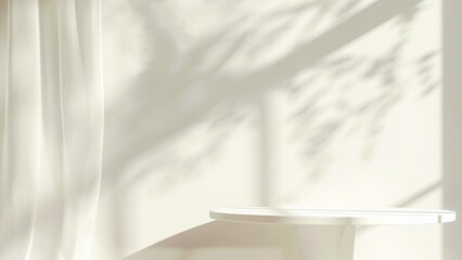 empty clean white table and curtains with beautiful foliage shadow on white blank wall