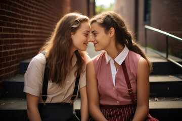 Happy romantic couple of lesbian teenage girls on a date. Two gay girls in love, enjoying being together. LGBTQ concept - obrazy, fototapety, plakaty