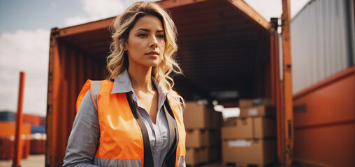 Fototapeta premium A female worker or female engineer works, looking at the camera. Behind is a shipping container. transportation industry concept.