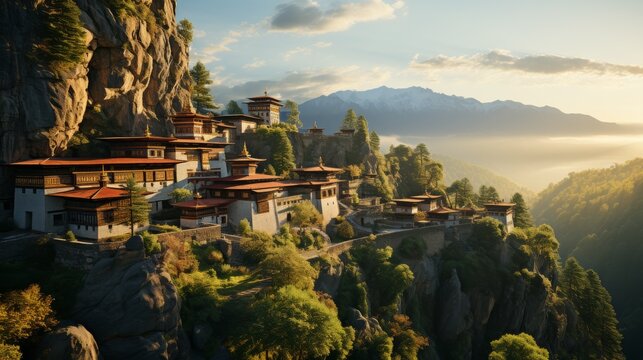 Peaceful Buddhist monastery in the mountains, traditional architecture, prayer flags fluttering, serene natural surroundings, symbolizing spirituality