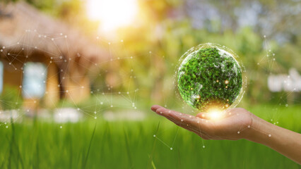 Sustainable  Environment concept. Green earth planet in hands with shining light. Save and...