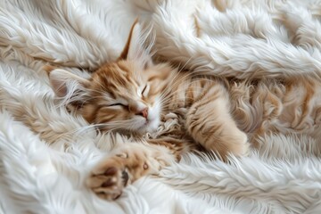 Fototapeta premium A cute little kitty comfortable lies on a white blanket. AI generative