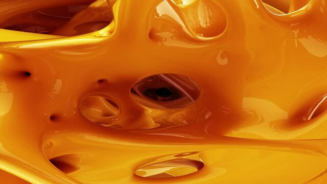 Flying through yellow abstract caramel surreal organic structure. Seamless looping. 3D animation. 4k.