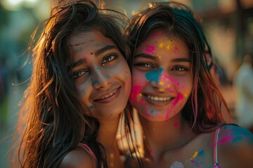 Two Beautiful Hindu Indian young women celebrating Holi day. Portrait of happy women on the street of a city in India, celebration of Festival of Colours, Love, and Spring