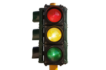 traffic light with green, yellow and red lights, isolated on white background