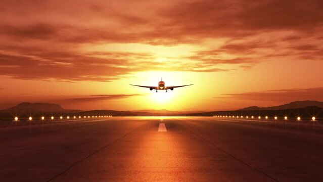 Front view of an airplane landing during a beautiful golden sunset. 3D animation. 4k.