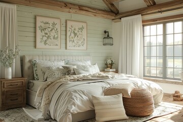 Cozy and welcoming, this rustic farmhouse wallpaper features wood textures and soft pastels