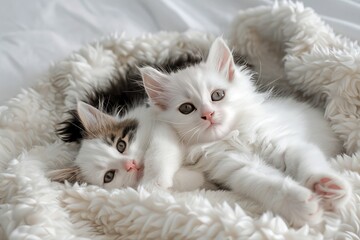 Obraz premium Two cute little kittens comfortable lie on a white blanket. AI generative