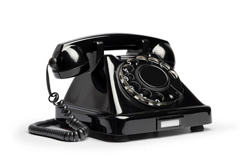 black rotary telephone isolated on white background