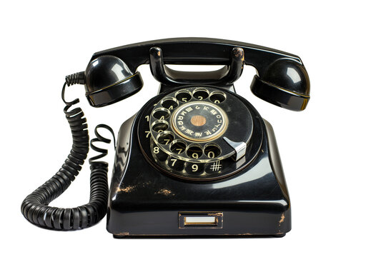 black rotary telephone isolated on white background