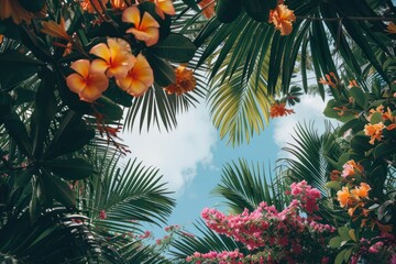 Fototapeta na wymiar This tropical paradise features bright flowers and lush greenery, creating an exotic and colorful scene