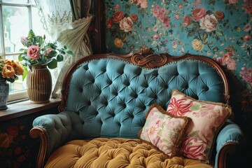 This Victorian era wallpaper features ornate florals and rich textures, embodying historical elegance