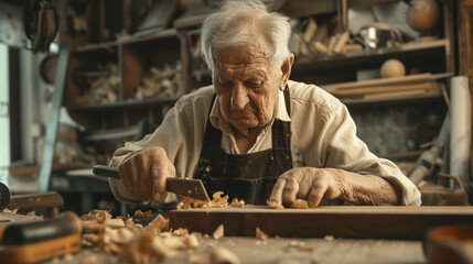 Woodworking Serenity: A series of medium shots portraying an old man engrossed in his woodworking hobby, showcasing the craftsmanship and serene focus, medium shot, hobby