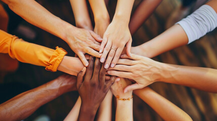 A collage of hands of different skin tones coming together, symbolizing unity and strength in diversity, diversity, inclusion