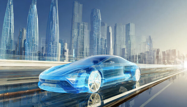 未来の都市高速道路を走っている車のイメージ