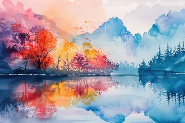 This serene and dreamy watercolor landscape is characterized by the soft blending of bright colors
