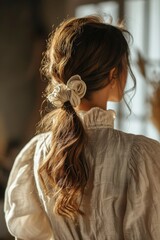 Fototapeta premium Women's hair tied with a scrunchie. Women's hair tie styles
