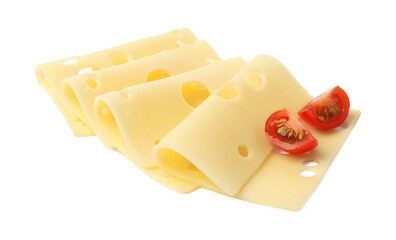 Slices of tasty fresh cheese and tomatoes isolated on white