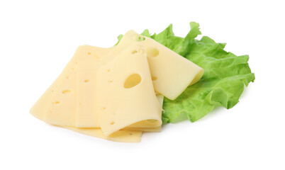 Slices of tasty fresh cheese and lettuce isolated on white