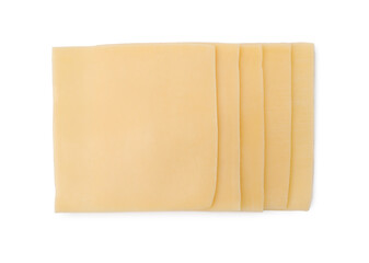 Slices of tasty fresh cheese isolated on white, top view