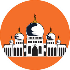 Silhouette of a mosque against a background of orange circles, source of Eid al-Adha and Eid al-Fitr images