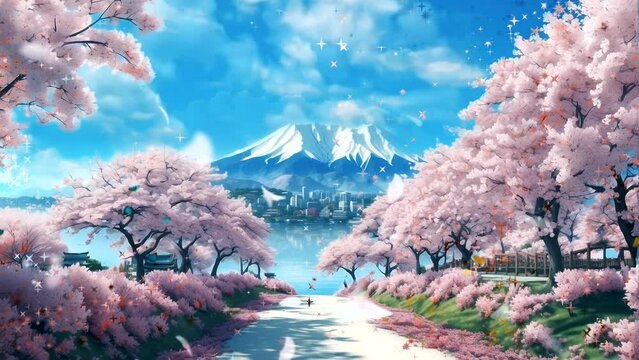 cherry blossom landscape in japan. mountain.