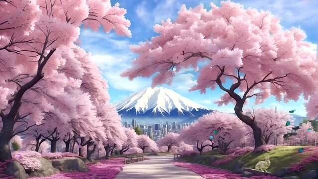 cherry blossom landscape in japan. mountain.