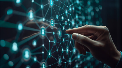 Businessman touch the virtual screen.Internet and social networking concept. businessman and virtual screen, communication and HR. Businessman pressing button notification on virtual screens, business