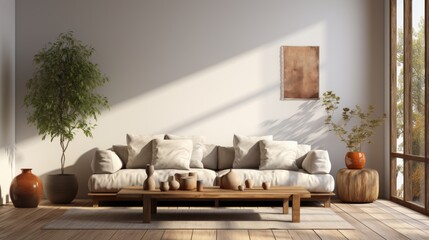 Fototapeta na wymiar Minimalist living room with clean lines, neutral colors, and sparse furniture, focus on the simplicity and elegance of the design, Photorealistic, min