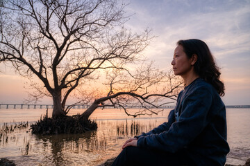 A woman sits on the beach at sunset, next to a big tree in the water.
