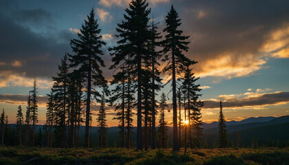 Fototapeta na wymiar Beauty of dusk settling over the spruce landscape focus on the interplay of shadows and light as the last rays of the sun cast a warm glow on the rugged terrain