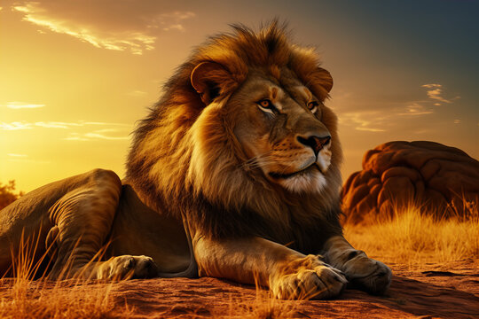 3D scene of a majestic lion basking in the golden rays of the savannah sun