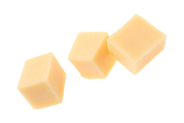 Cubes of tasty cheese isolated on white