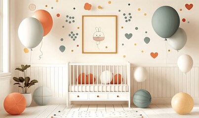 Greeting card, baby crib and congratulation balloons. - obrazy, fototapety, plakaty