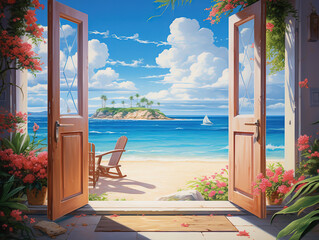 Opened spring door on transparent background. open entrance with summer landscape outdoor
