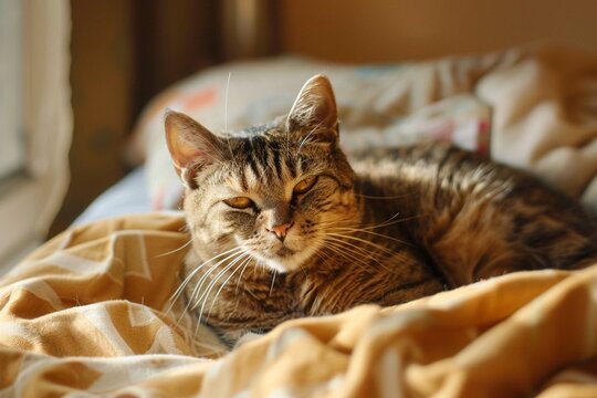Disabled cats. Caring for special needs pets. Cats Protection. One-eyed blind disabled cat laying in bed at home
