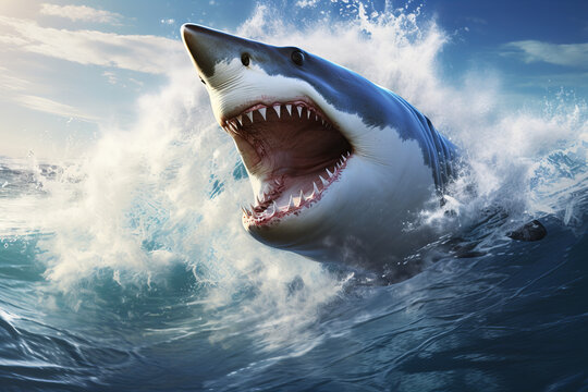 Great white shark swimming in the blue ocean