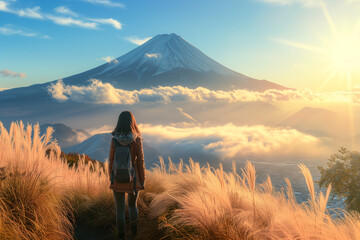 Rear view of traveler woman enjoying beautiful view of Mount Fuji. Travel and holiday concept