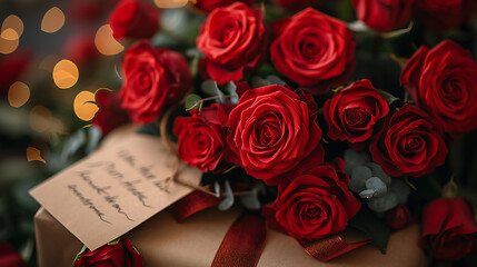 A stunning bouquet of red roses paired with a wrapped gift box. This image is perfect for: valentine’s day, romance, love, anniversary gifts, special occasions.